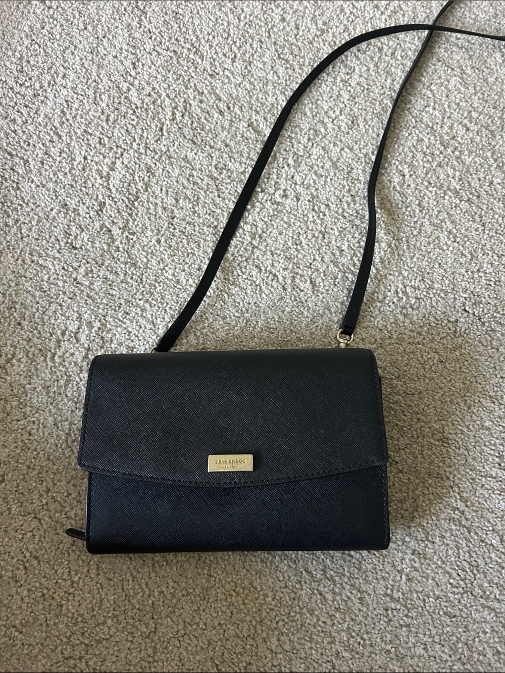 kate spade Black Leather Flap Crossbody with Gold Plaque